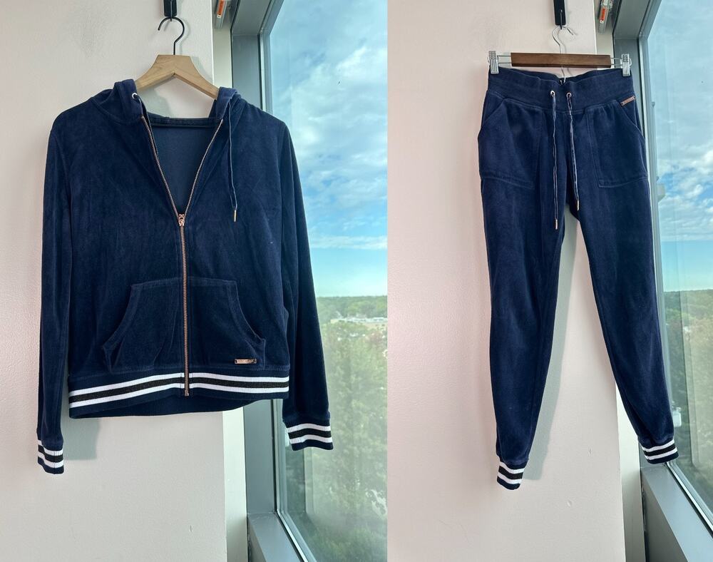 Betsey Johnson Velour Jacket Jogger Set Navy Rose Gold Zip Size S/M